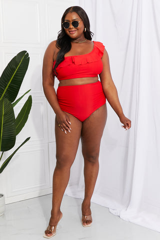 Marina West Swim Seaside Romance Ruffle One-Shoulder Bikini in Red-Evergreen Boutique
