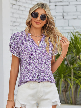 Floral Notched Neck Blouse-Evergreen Boutique