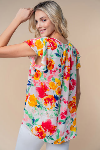 White Birch Full Size Short Sleeve Floral Woven Top-Evergreen Boutique