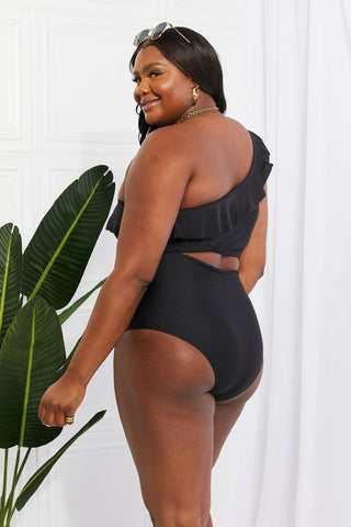Marina West Swim Seaside Romance Ruffle One-Shoulder Bikini in Black-Evergreen Boutique