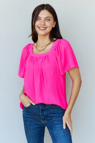 Ninexis Keep Me Close Square Neck Short Sleeve Blouse in Fuchsia-Evergreen Boutique