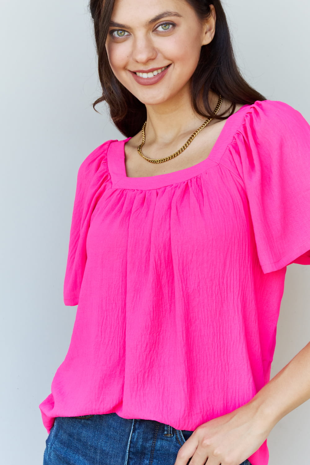 Ninexis Keep Me Close Square Neck Short Sleeve Blouse in Fuchsia-Evergreen Boutique