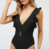 Solid Ruffle Sleeve One Piece Swimsuit-Evergreen Boutique