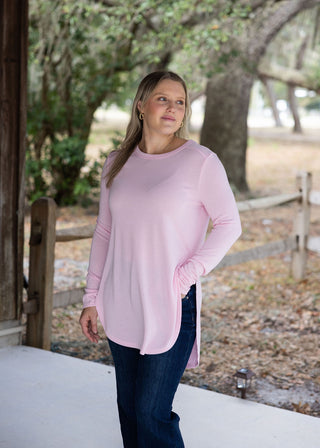 Pink Long Sleeve Flow Top with Side Slit