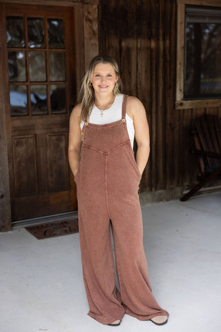 Mocha Mineral Washed Overall Jumpsuit