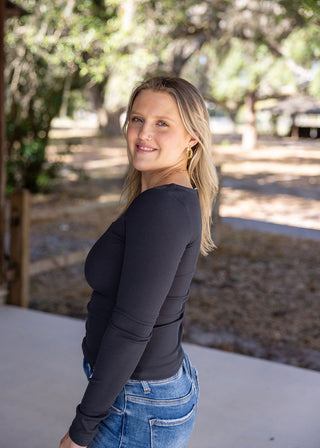 Charcoal Ribbed Square Neck Long Sleeve Top