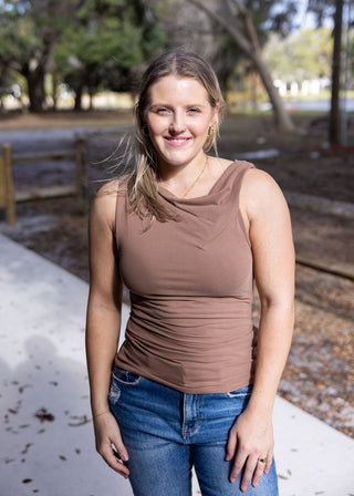 Cocoa Asymmetrical Twist Shoulder Top