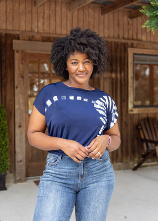 Dolman Navy Track Short Sleeve Wrinkle Free Top - Evergreen Boutique