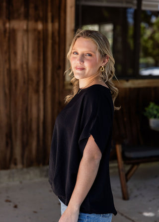 Black Draped Short Sleeve Top