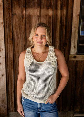 Cream Crochet Knitted Tank Top With 3D Flower