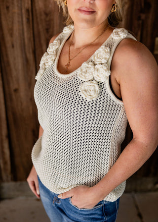 Cream Crochet Knitted Tank Top With 3D Flower