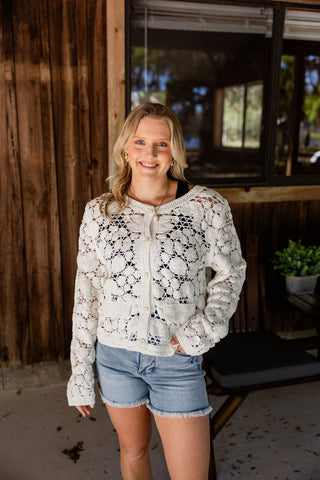 POL White V-Neck Crochet Sweater