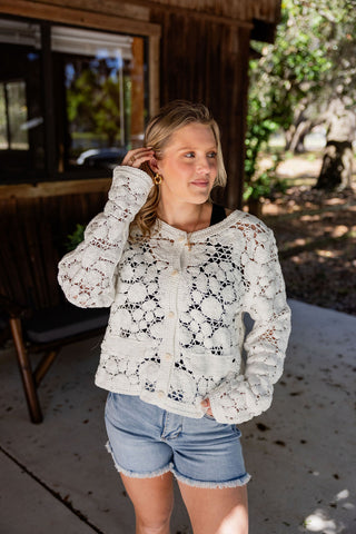 POL White V-Neck Crochet Sweater