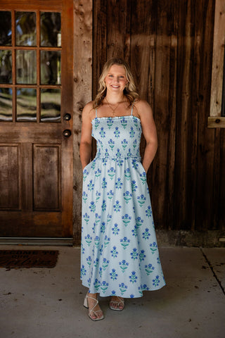 Blue Floral Smocked Midi Dress