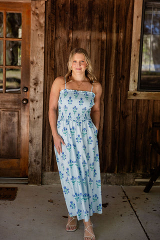 Blue Floral Smocked Midi Dress