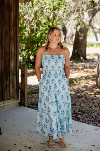 Blue Floral Smocked Midi Dress