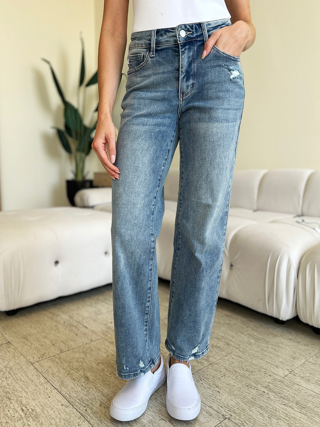 Judy Blue Full Size High Waist Distressed Straight Jeans-Evergreen Boutique