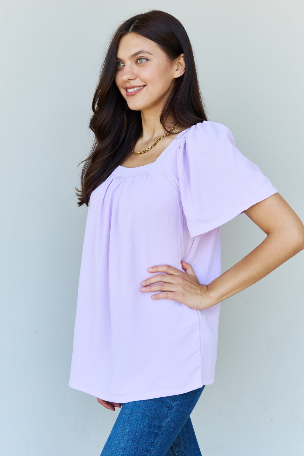 Ninexis Keep Me Close Square Neck Short Sleeve Blouse in Lavender-Evergreen Boutique