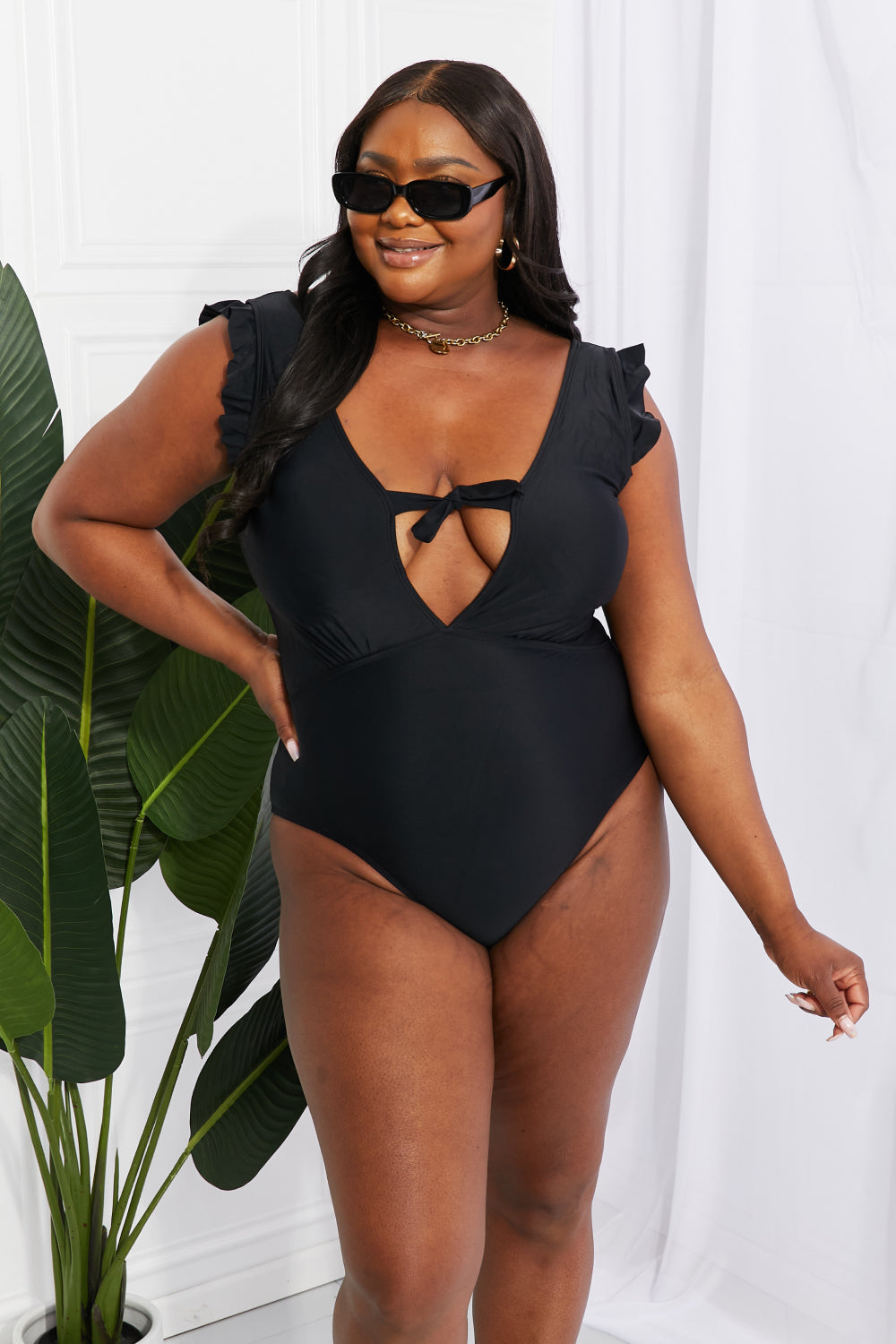 Marina West Swim Seashell Ruffle Sleeve One-Piece in Black-Evergreen Boutique