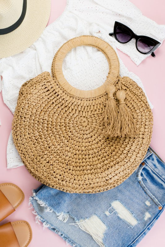 Straw Tassel O-Ring Tote-Evergreen Boutique