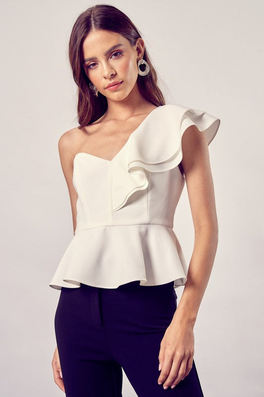 One Shoulder Ruffle Peplum Top-Evergreen Boutique