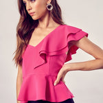 One Shoulder Ruffle Peplum Top-Evergreen Boutique