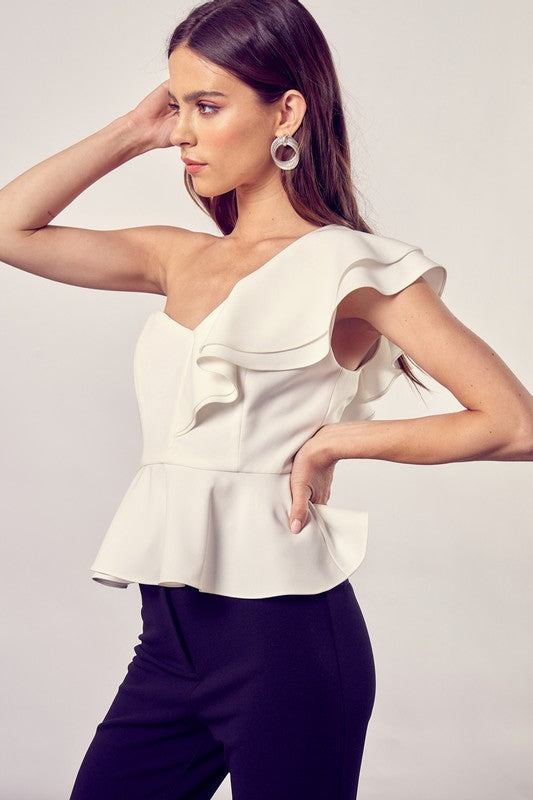 One Shoulder Ruffle Peplum Top-Evergreen Boutique