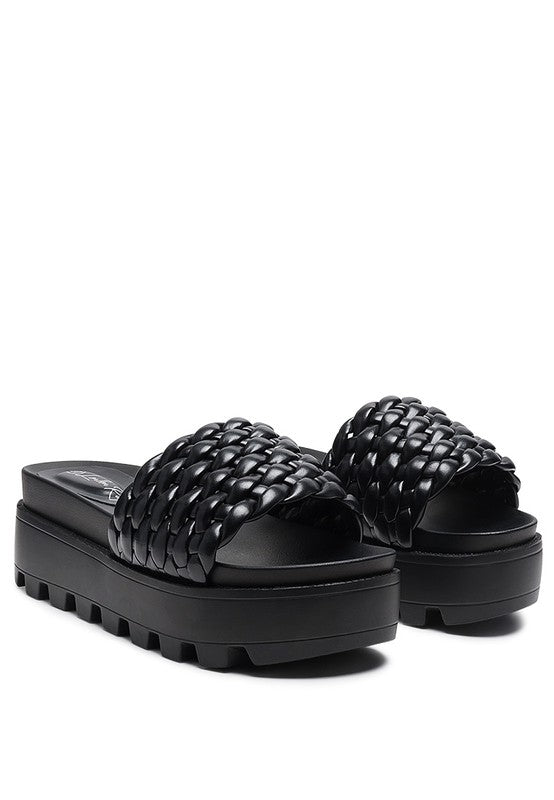 SUNDAE PLATFORM SLIDES WITH WOVEN TEXTURED STRAPS-Evergreen Boutique