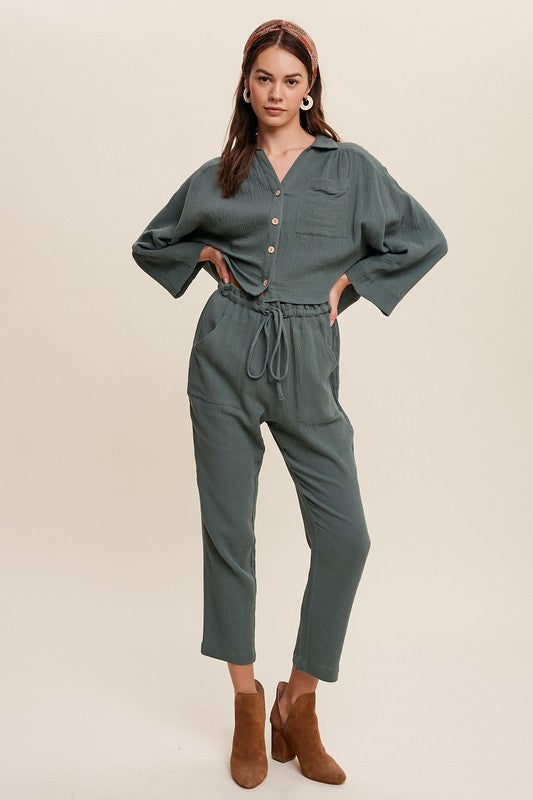 Long Sleeve Button Down and Long Pants Sets-Evergreen Boutique