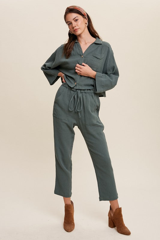 Long Sleeve Button Down and Long Pants Sets-Evergreen Boutique