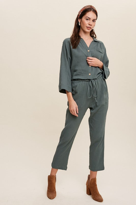 Long Sleeve Button Down and Long Pants Sets-Evergreen Boutique