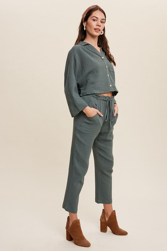 Long Sleeve Button Down and Long Pants Sets-Evergreen Boutique