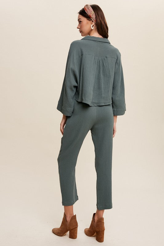 Long Sleeve Button Down and Long Pants Sets-Evergreen Boutique