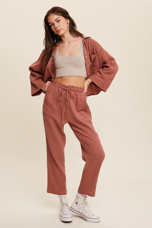 Long Sleeve Button Down and Long Pants Sets-Evergreen Boutique