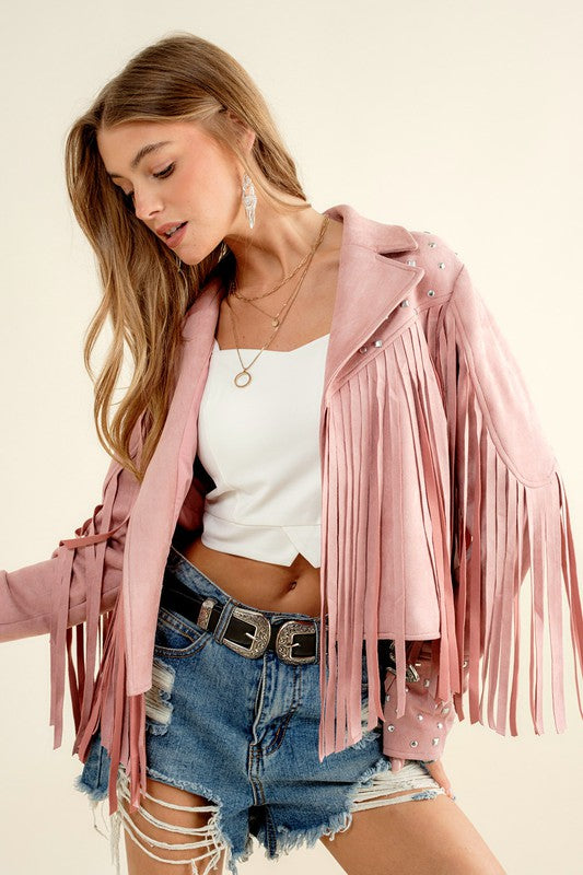 Studded Fringe Open Western Jacket - Evergreen Boutique