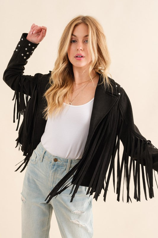 Studded Fringe Open Western Jacket - Evergreen Boutique