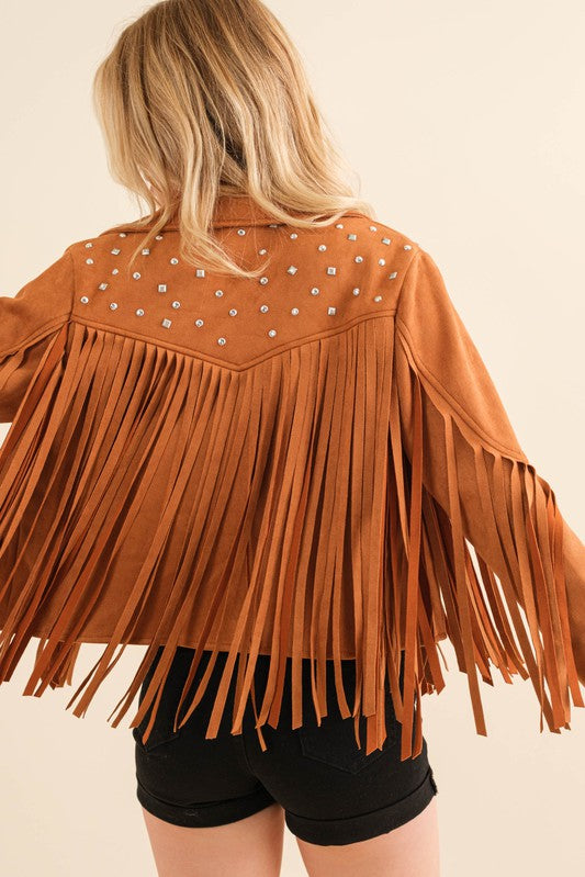 Studded Fringe Open Western Jacket - Evergreen Boutique