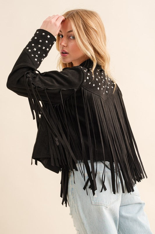 Studded Fringe Open Western Jacket - Evergreen Boutique