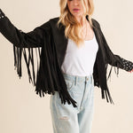 Studded Fringe Open Western Jacket - Evergreen Boutique