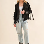 Studded Fringe Open Western Jacket - Evergreen Boutique