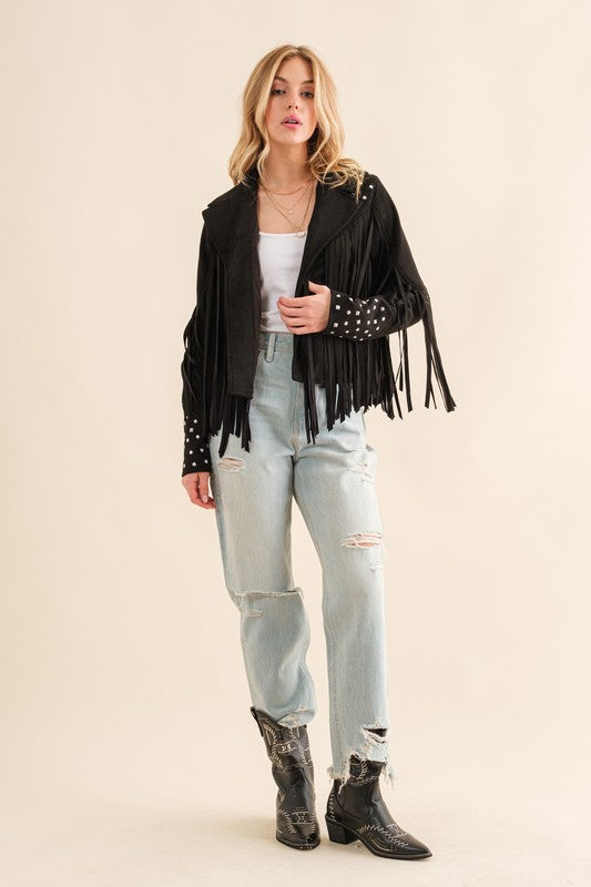 Studded Fringe Open Western Jacket - Evergreen Boutique