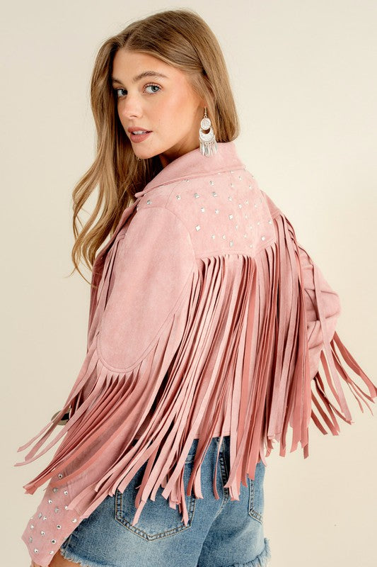 Studded Fringe Open Western Jacket - Evergreen Boutique