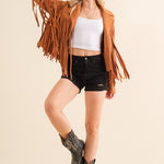 Studded Fringe Open Western Jacket - Evergreen Boutique