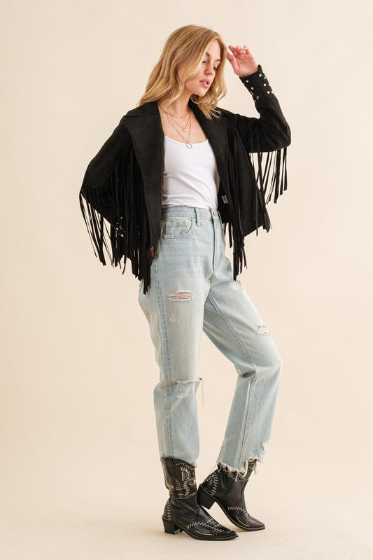 Studded Fringe Open Western Jacket - Evergreen Boutique