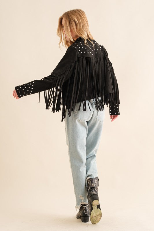 Studded Fringe Open Western Jacket - Evergreen Boutique