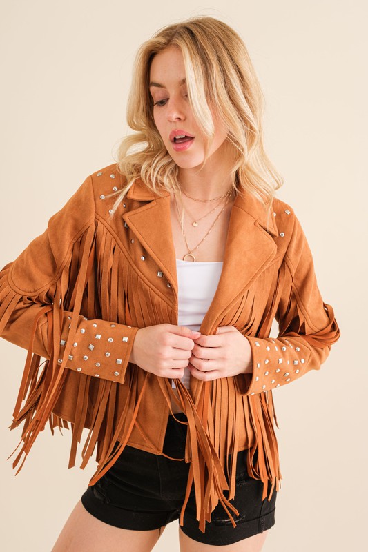 Studded Fringe Open Western Jacket - Evergreen Boutique