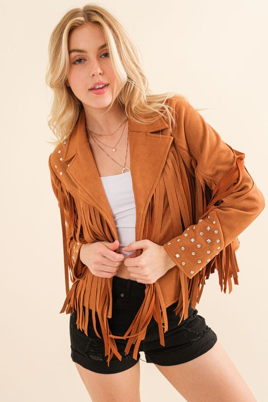 Studded Fringe Open Western Jacket - Evergreen Boutique