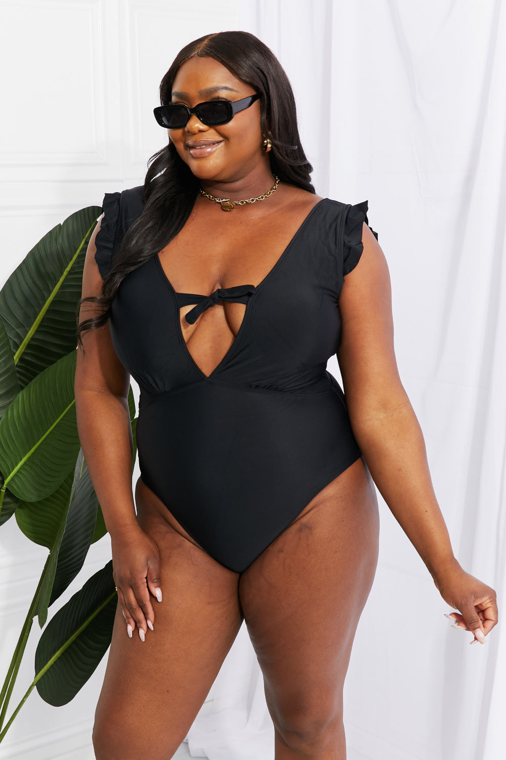 Marina West Swim Seashell Ruffle Sleeve One-Piece in Black-Evergreen Boutique