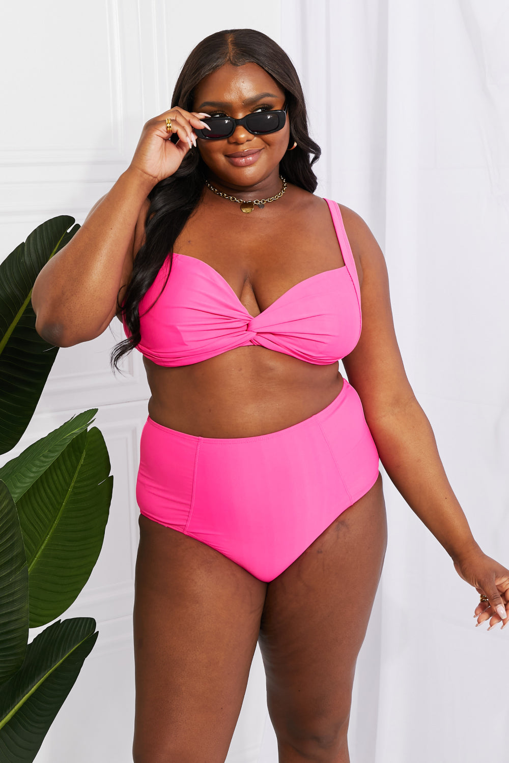 Marina West Swim Take A Dip Twist High-Rise Bikini in Pink-Evergreen Boutique