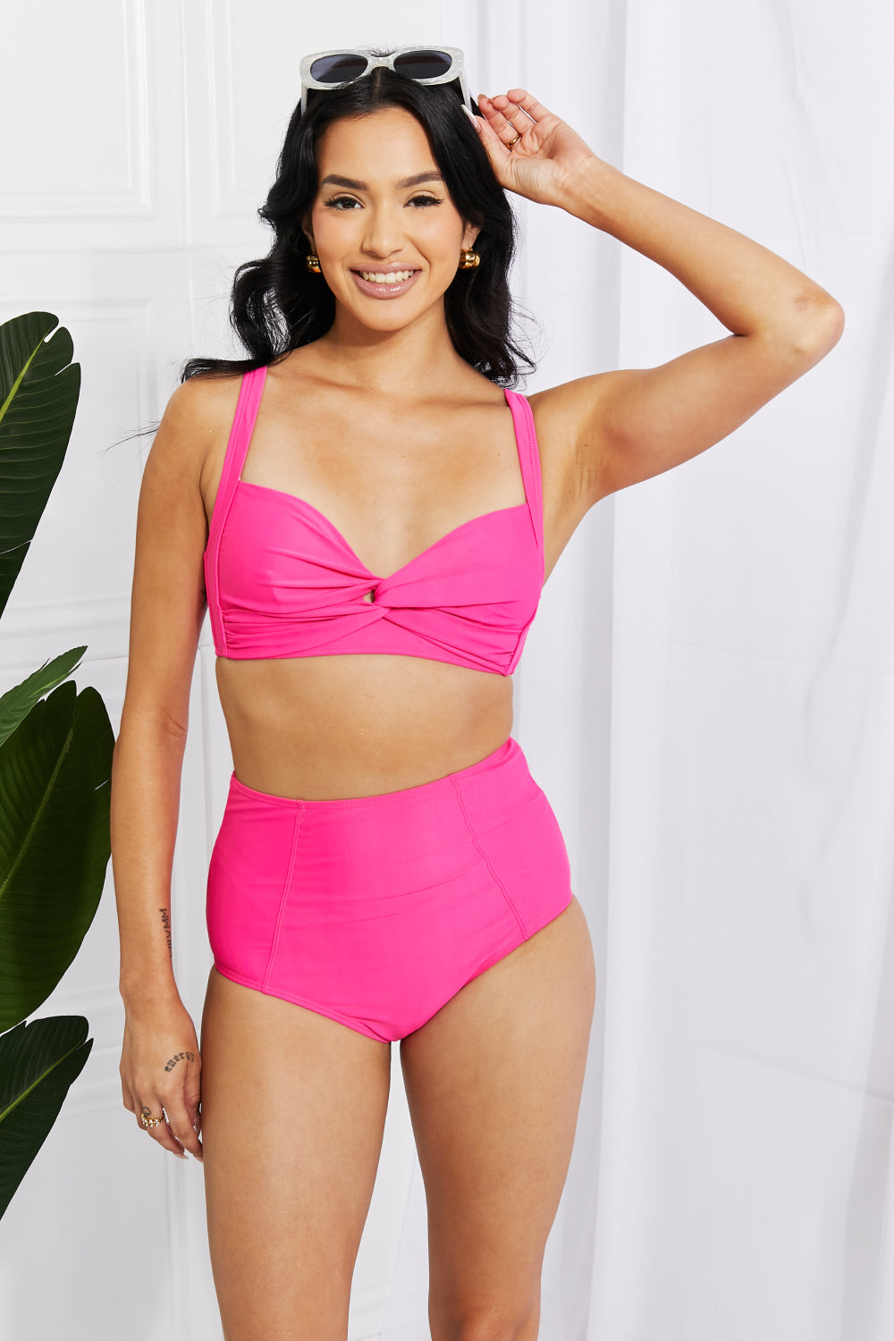 Marina West Swim Take A Dip Twist High-Rise Bikini in Pink-Evergreen Boutique